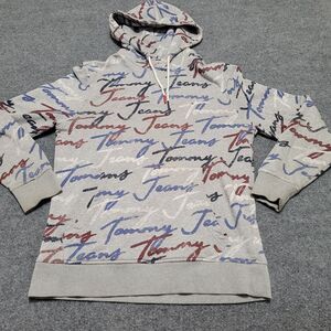 Tommy Jeans Hoodie Mens M All-Over Script Print Tommy Hilfiger Pullover Y2K